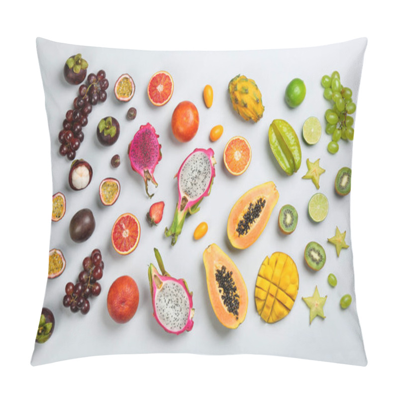 Personality  Many Different Delicious Exotic Fruits On Light Background, Flat Lay Pillow Covers