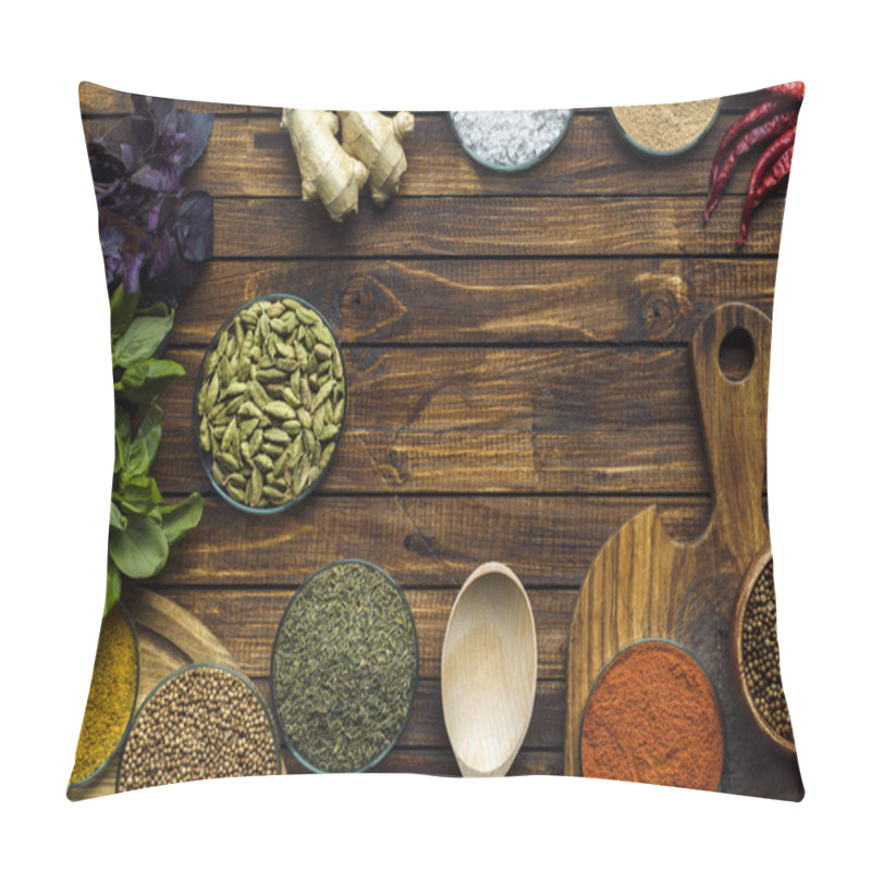 Personality  Various Spices On Wooden Surface Pillow Covers