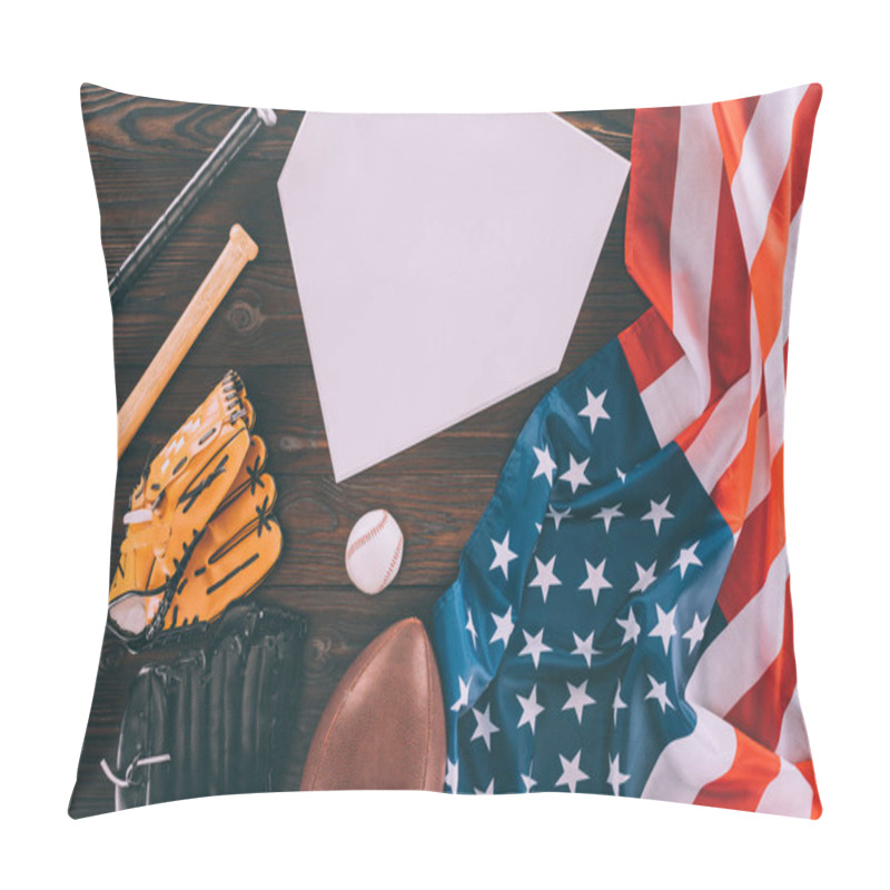 Personality  American Flag And Sport Equipment With Blank Paper On Wooden Table Pillow Covers