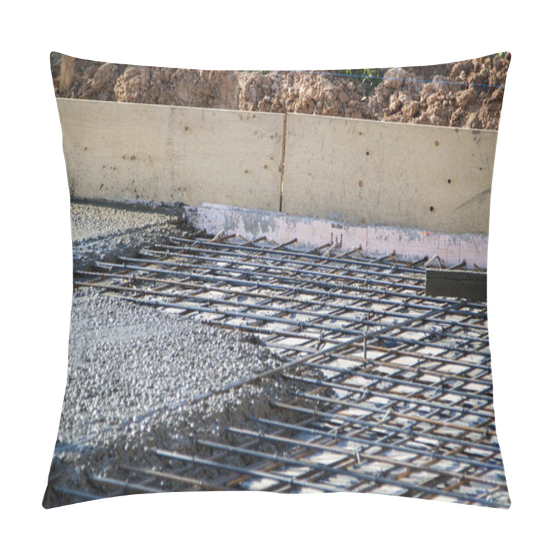 Personality  Pouring Concrete Into Prepared Place With Reinforced Metal Frame Pillow Covers