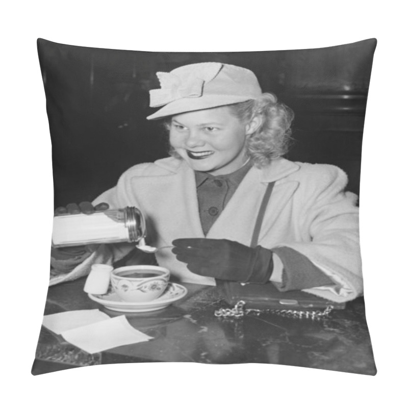 Personality  Woman Adding Sugar To Beverage Pillow Covers