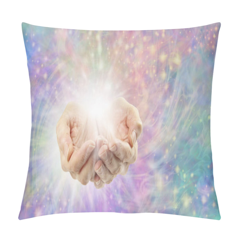 Personality  Ethereal Healing Energy Radiating From Cupped Hands - Female Hands Cupped With White Burst Of Light Against A Rotataing Sparkling Multicoloured Energy Filed, And Space For Text Messages Pillow Covers