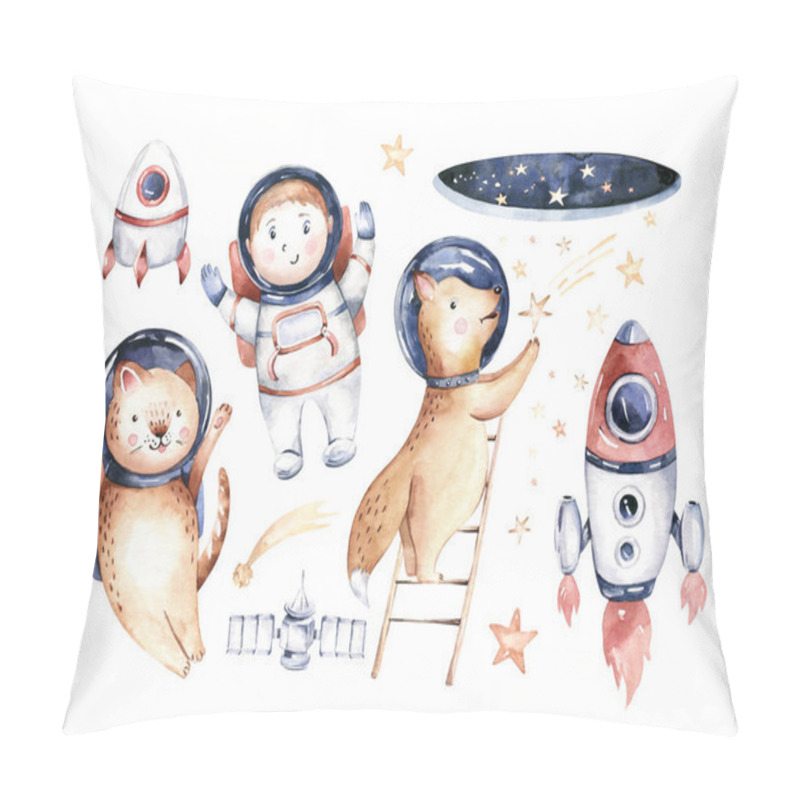 Personality  Astronaut Baby Boy Girl Elephant, Fox Cat And Bunny, Space Suit, Cosmonaut Stars, Planet, Moon, Rocket And Shuttle Isolated Watercolor Space Ship Illustration On White Background, Spaceman Cartoon Kid Astronout. Universe Illustration Nursery. Pillow Covers