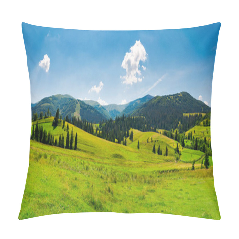 Personality  Panorama Of Mountainous Landscape In Summer. Spruce Forest On A Grassy Hills In The Valley Of Carpathian Mountain. Beautiful View Of Borzhava Mountain Ridge With Velykyi Verkh Peak In The Distance Pillow Covers