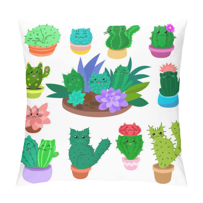 Personality  Cute Cartoon Cactus And Succulents Set On Hand Drawn Nature Plants Cacti Vector Illustration Isolated On White. Pillow Covers