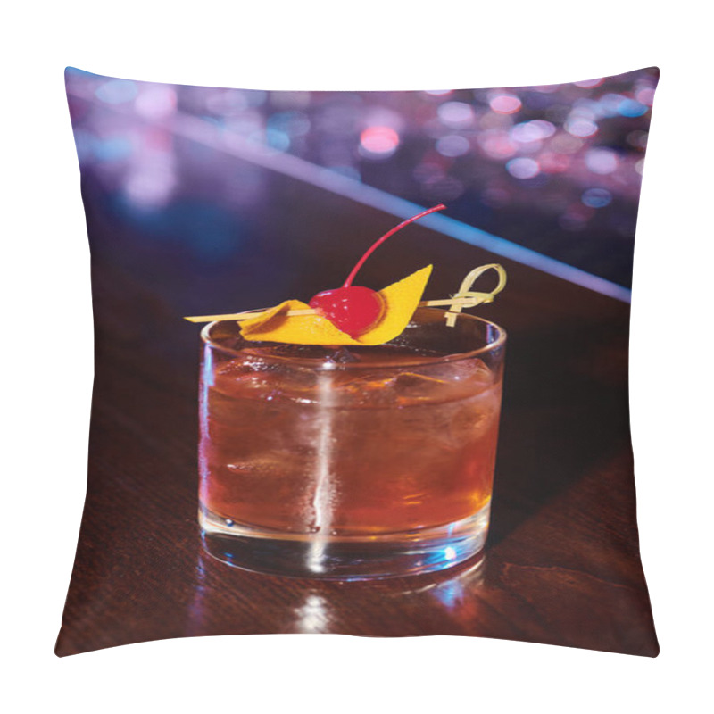 Personality  Esthetic Elegant Negroni Cocktail Decorated With Cherry With Bar On Background, Concept Pillow Covers