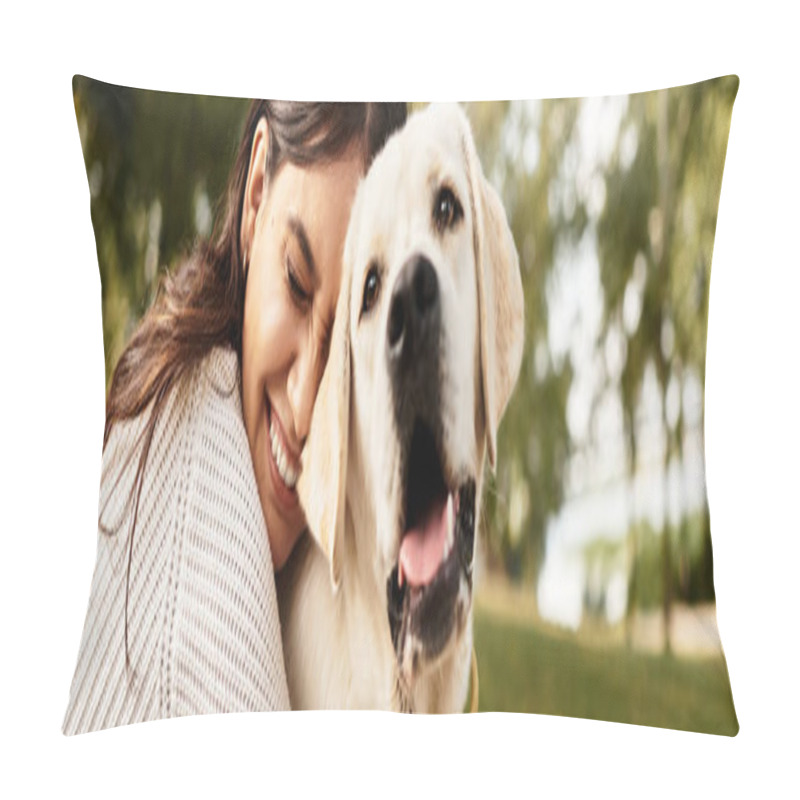 Personality  A Young Woman Enjoys A Playful Connection With Her Cheerful Dog In The Autumn Park. Pillow Covers