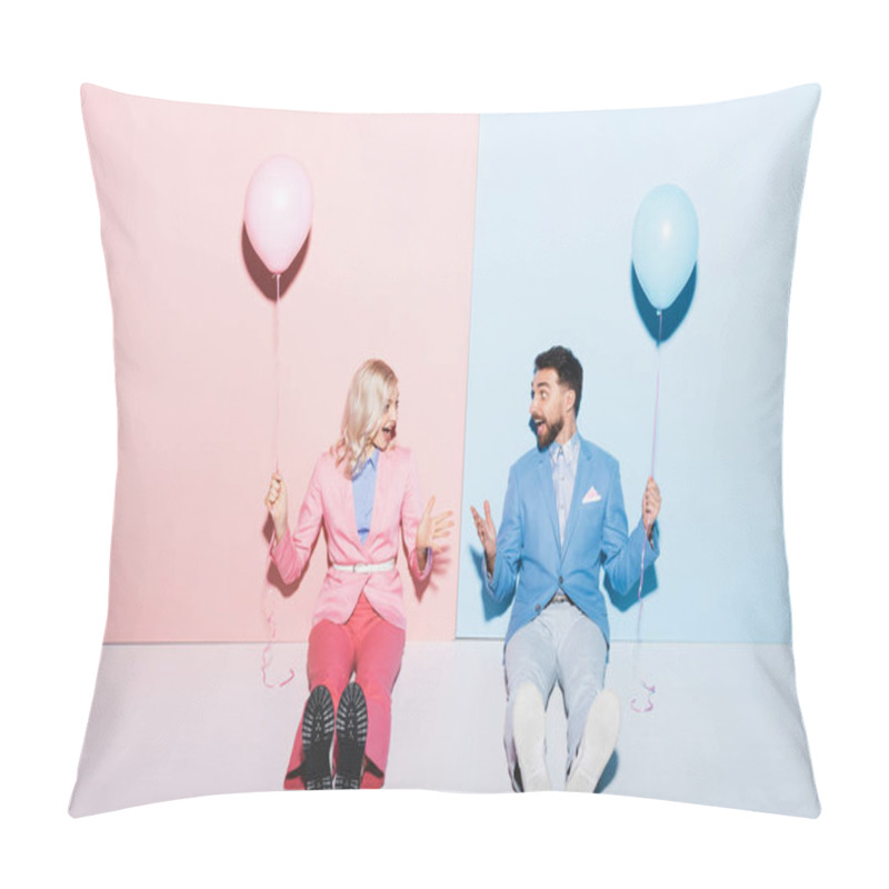 Personality  Shocked Woman And Handsome Man Holding Balloons On Pink And Blue Background  Pillow Covers