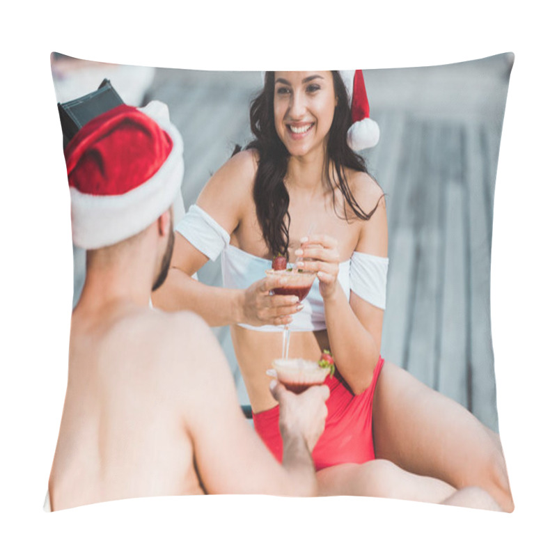 Personality  Back View Of Man Holding Cocktail Glass Near Cheerful Woman In Santa Claus Hat  Pillow Covers