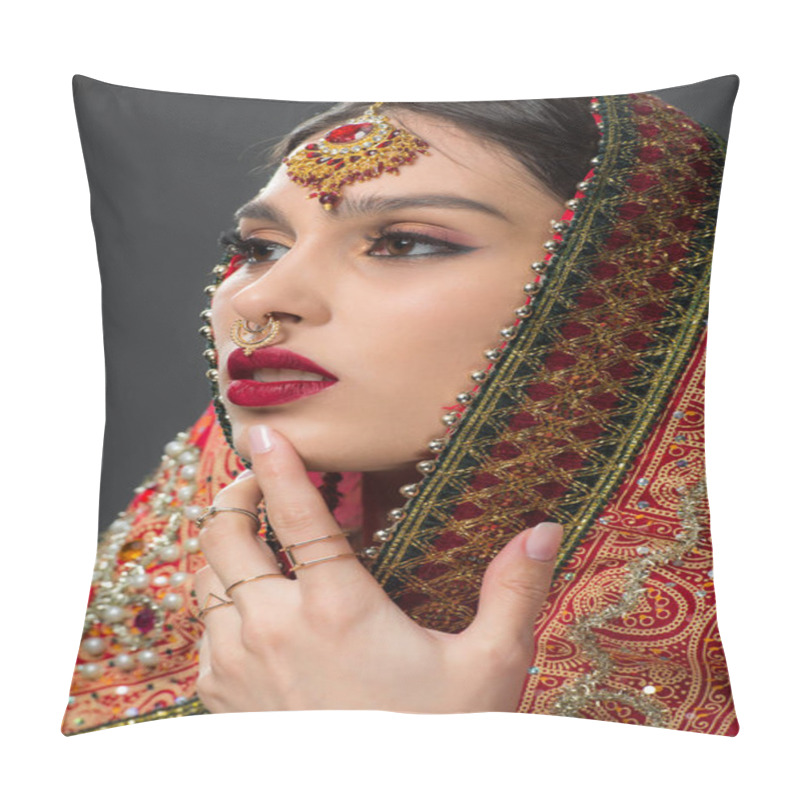 Personality  Indian Beauty Posing In Traditional Sari And Bindi, Isolated On Grey  Pillow Covers