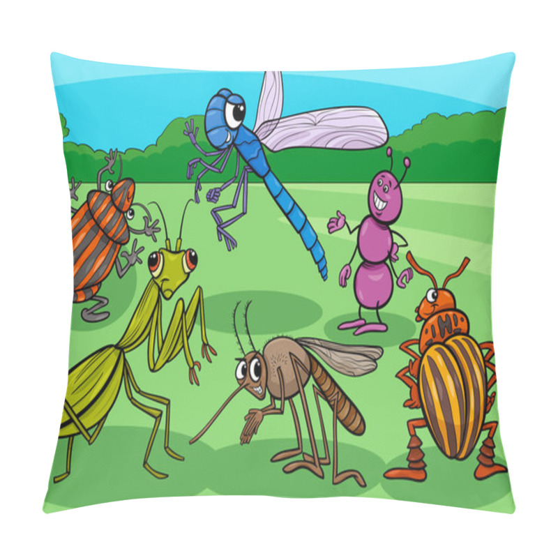 Personality  Cartoon Illustration Of Insects And Bugs Funny Animal Characters Group Pillow Covers