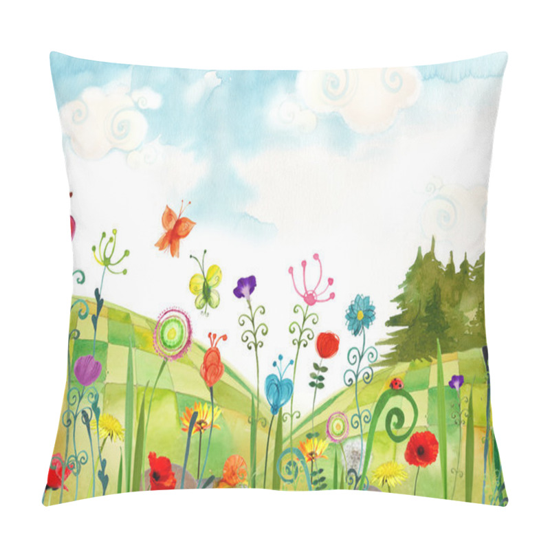 Personality  Summer Illustration Of Field Of Flowers, Ladybird And Butterfly Pillow Covers