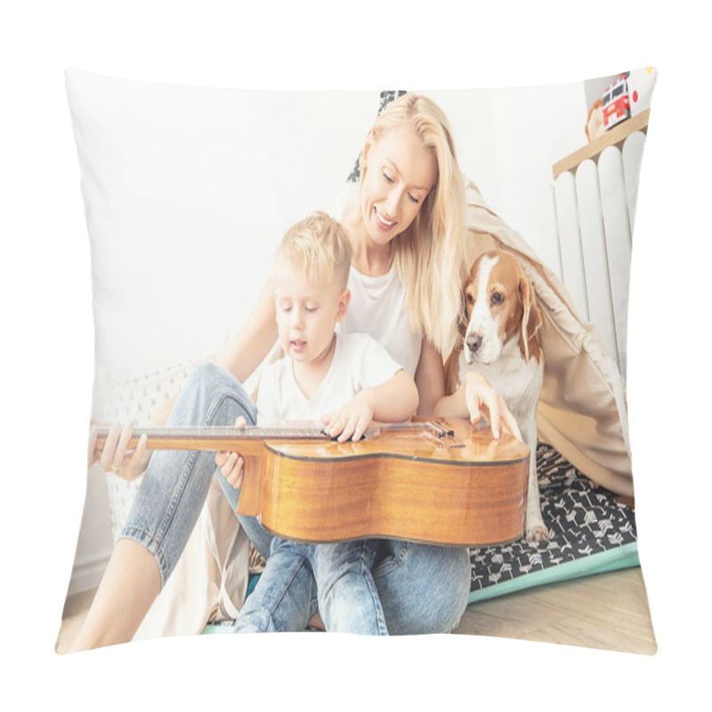 Personality  Little Boy Playing On Guitar With Mom . Pillow Covers