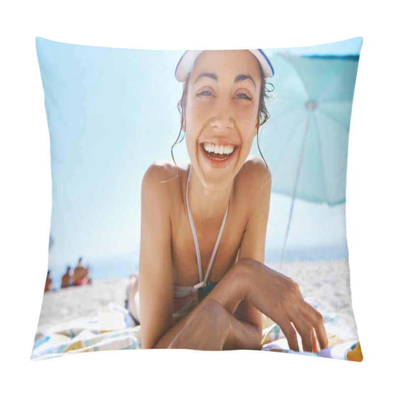 Personality  Portrait Of Beautiful Smiling Happy Woman Tanning In White Cap On Sandy Beach At Summer. Summer Vacation Concept. Pillow Covers