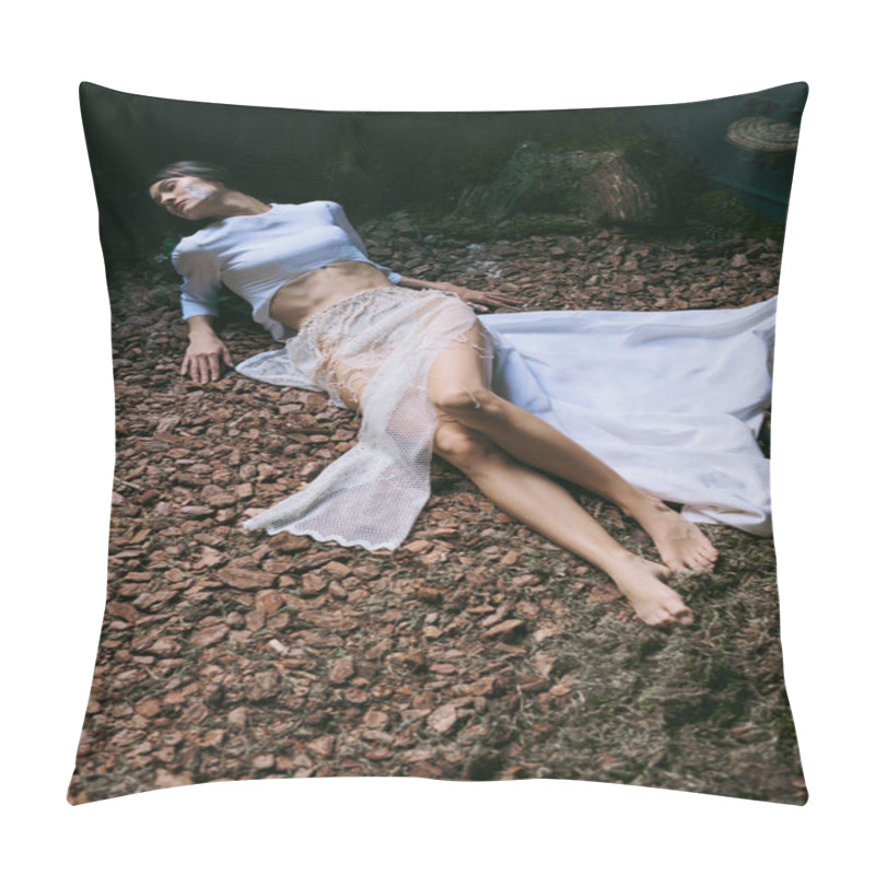 Personality  A Woman In Ethereal Clothing Poses On A Bed Of Wood Chips. Pillow Covers