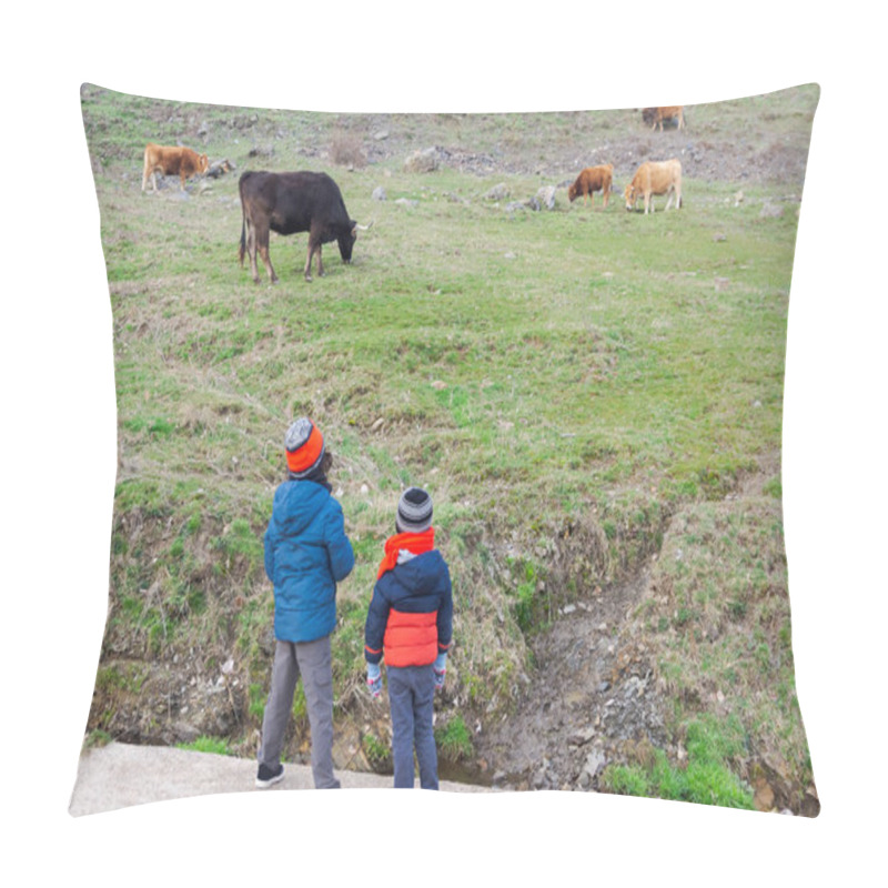 Personality  Two Little Kids Watching Cows While Hiking In The Mountains Of Palencia, Spain, During The Winter Ending And The Spring Beginning Pillow Covers