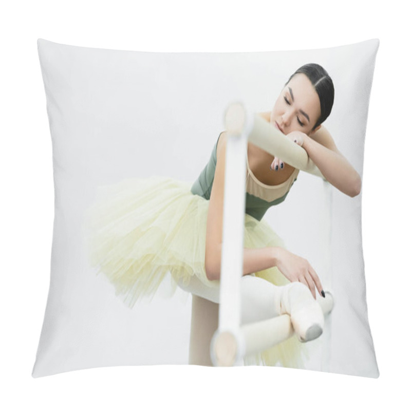 Personality  Ballerina With Closed Eyes Stretching Leg On Barre While Exercising In Studio Pillow Covers