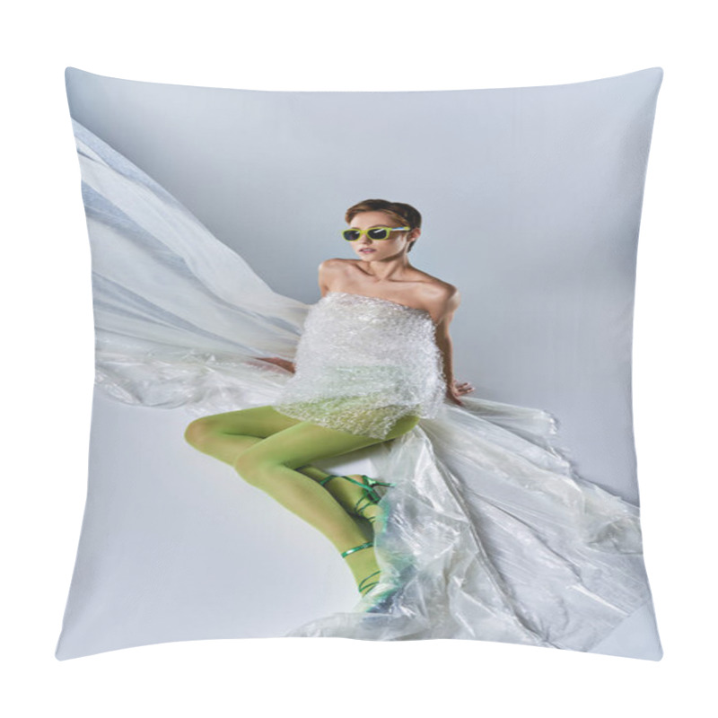 Personality  Woman In Bubble Wrap Dress Poses On White Background, Surrounded By Plastic Sheeting Pillow Covers