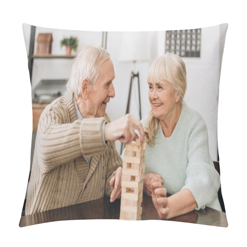 Personality  Smiling Pensioners Playing Jenga Game On Table Pillow Covers