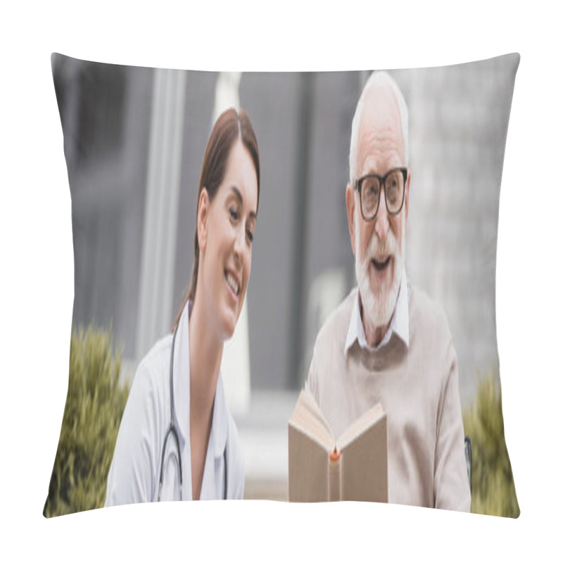 Personality  Smiling Aged Man Holding Book Near Social Worker Outside, Banner Pillow Covers