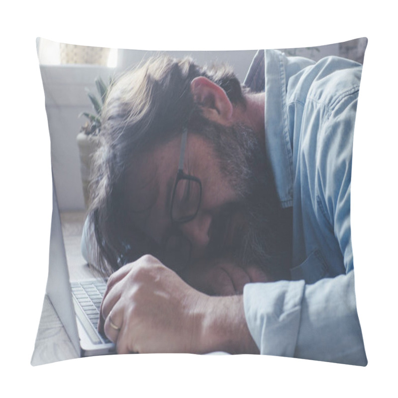 Personality  Man Asleep On The Laptop In Home Office Workplace. Tired Overwork People Using Computer And Technology. Insomnia. Stress For Work. Bored Job Business. Exhausted Male Indoor. Smart Working Problems Pillow Covers