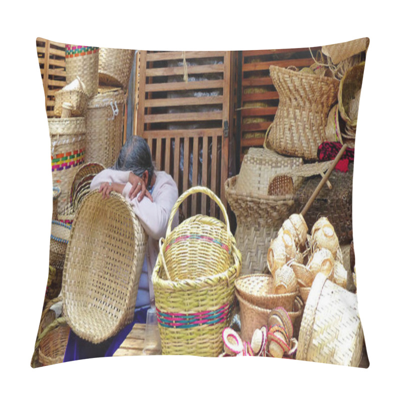 Personality  Cuenca, Ecuador - March 24, 2019: Indigenous Woman Trader Sleeping On Basket At Her Trade Place At Craft Market In Cuenca Among Woven Bags And Baskets And Other Handmade Crafts Product Pillow Covers