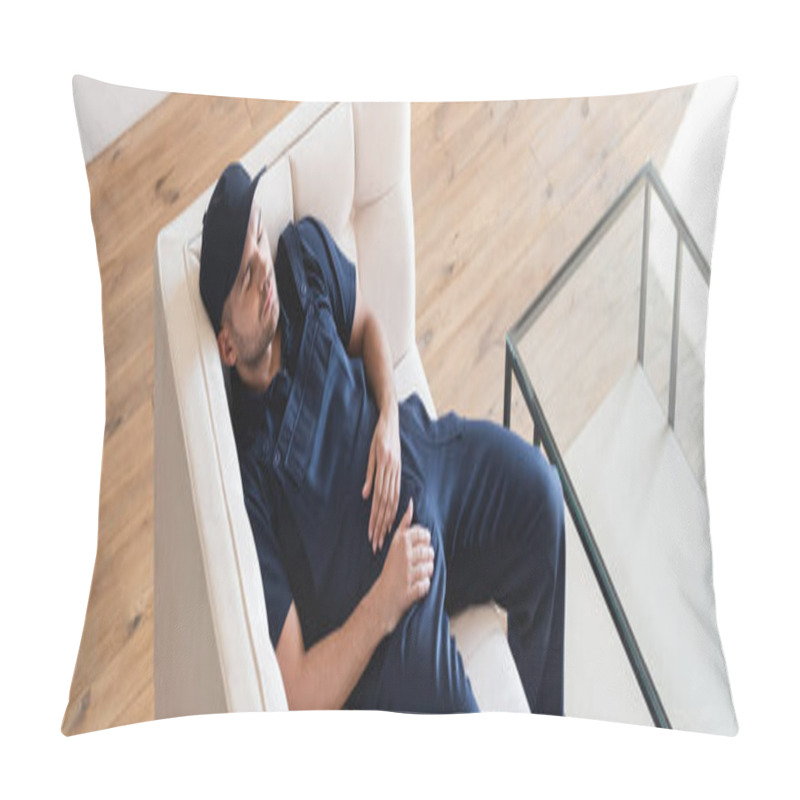 Personality  High Angle View Of Man In Overalls Resting On White Couch, Banner Pillow Covers