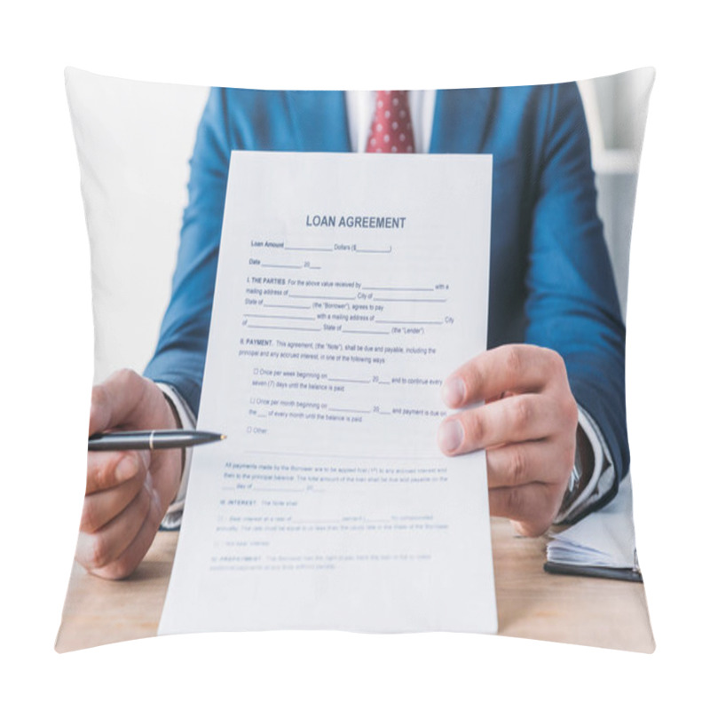 Personality  Partial View Of Businessman Pointing With Pen At Loan Agreement Pillow Covers