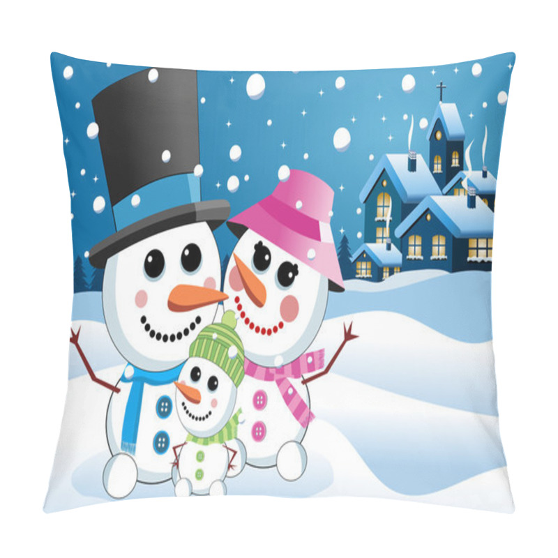 Personality  Happy Snowman Family Under Snowfall Against Nighttime Landscape Pillow Covers