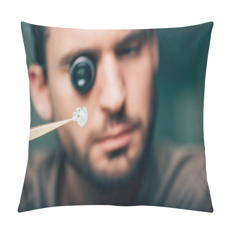 Personality  Selective Focus Of Watchmaker Holding Watch Part In Tweezers  Pillow Covers