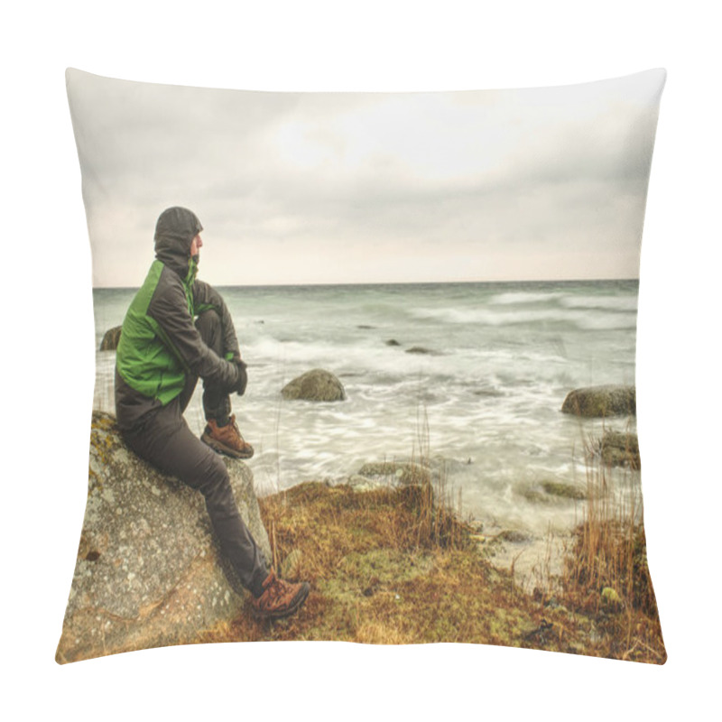 Personality  Man Looks Over Sea Bay And Enjoy Wild Nature. A Man Admires The Beauty Of Nature Force Pillow Covers