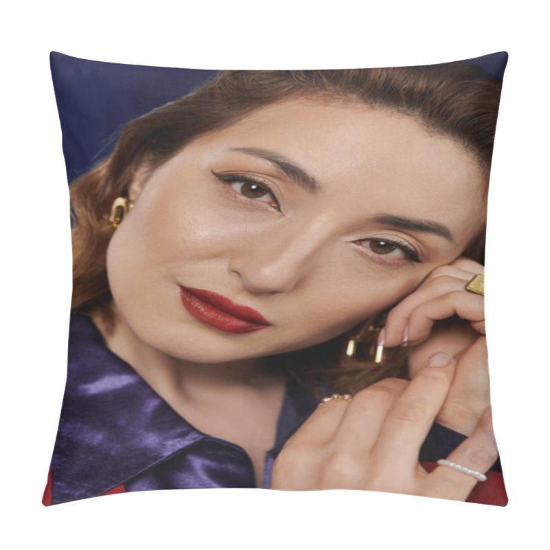 Personality  A Stylish Asian Woman In A Red Suit And Silk Shirt Poses With A Confident And Alluring Expression, Her Hands Delicately Framing Her Face. Pillow Covers