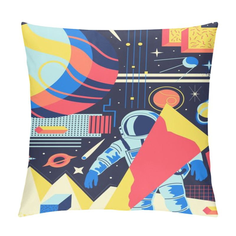 Personality  Space Abstract Background. Futuristic Psychedelic Poster With Cartoon Cosmonaut And Galaxy Shapes. Colorful Planets Or Satellites. Astronaut Exploring Universe. Vector Illustration Pillow Covers