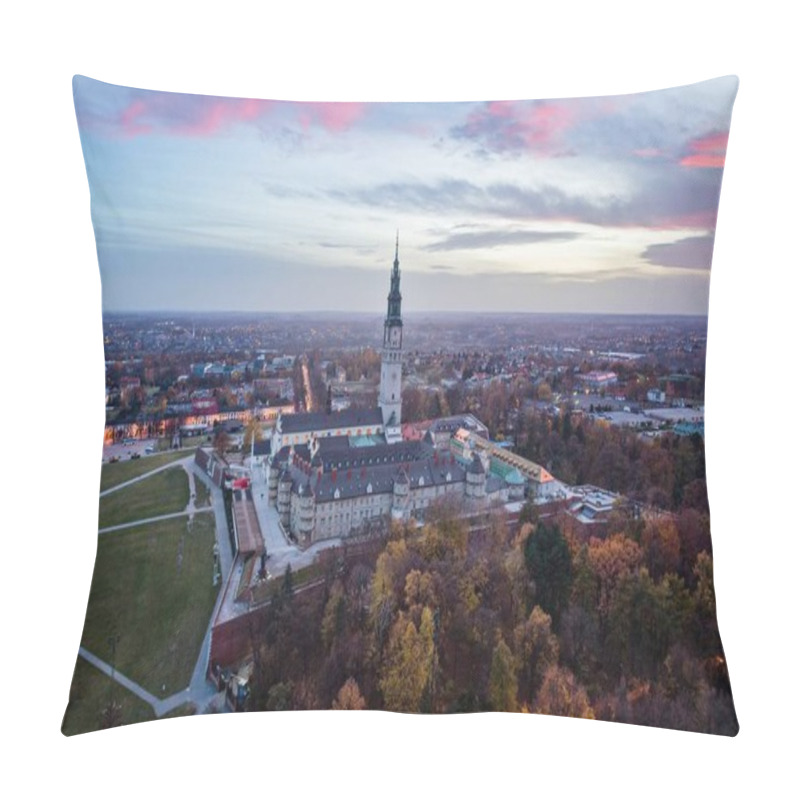 Personality  Evening Aerial Drone View On Czestochowa And Jasna Gora Monastery. The Jasna Gora Luminous Mount Monastery In Czestochowa Poland Is A Famous Polish Shrine To The Virgin Mary And One Of The Country's Places Of Pilgrimage Pillow Covers