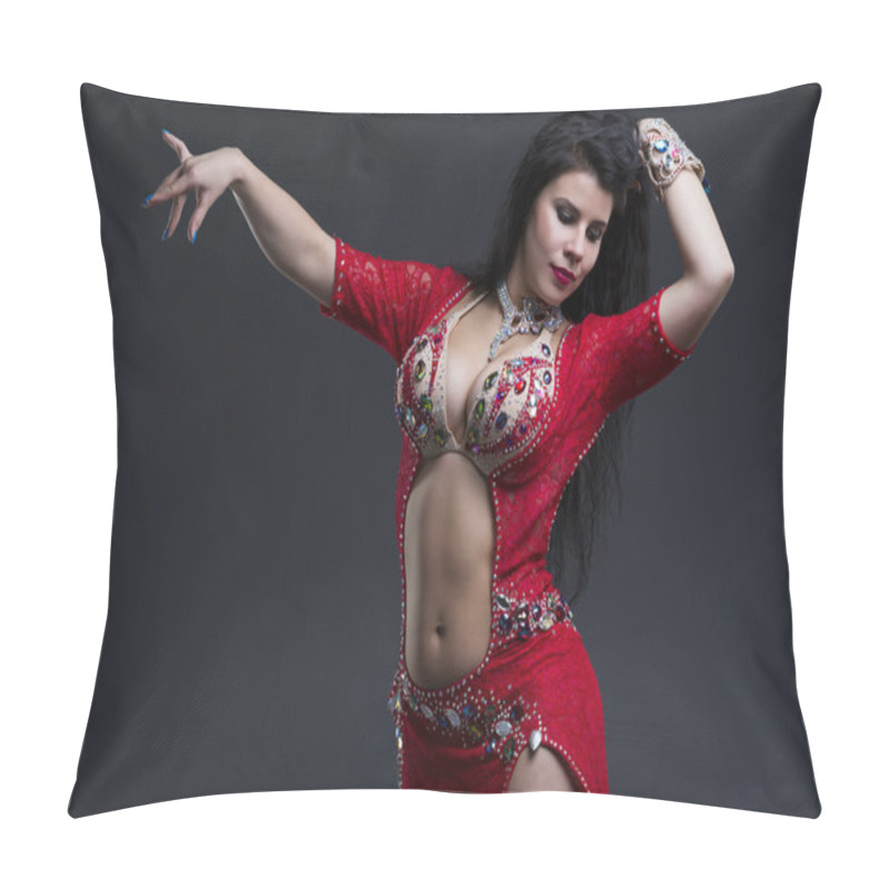 Personality  Young Beautiful Exotic Eastern Women In Ethnic Red Dress On Gray Background Pillow Covers