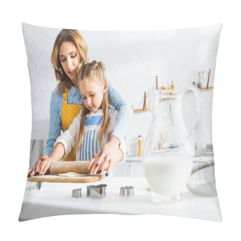 Personality  Attractive Mother And Cute Daughter Rolling Dough On Cutting Board  Pillow Covers