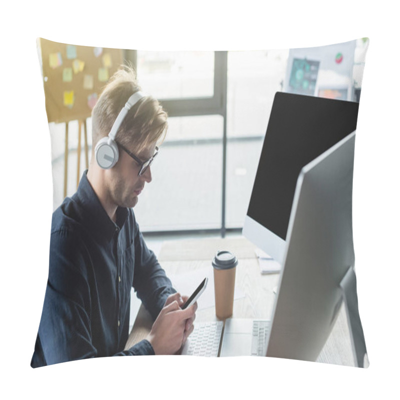 Personality  Side View Of Developer In Headphones Using Smartphone Near Coffee And Computers In Office  Pillow Covers