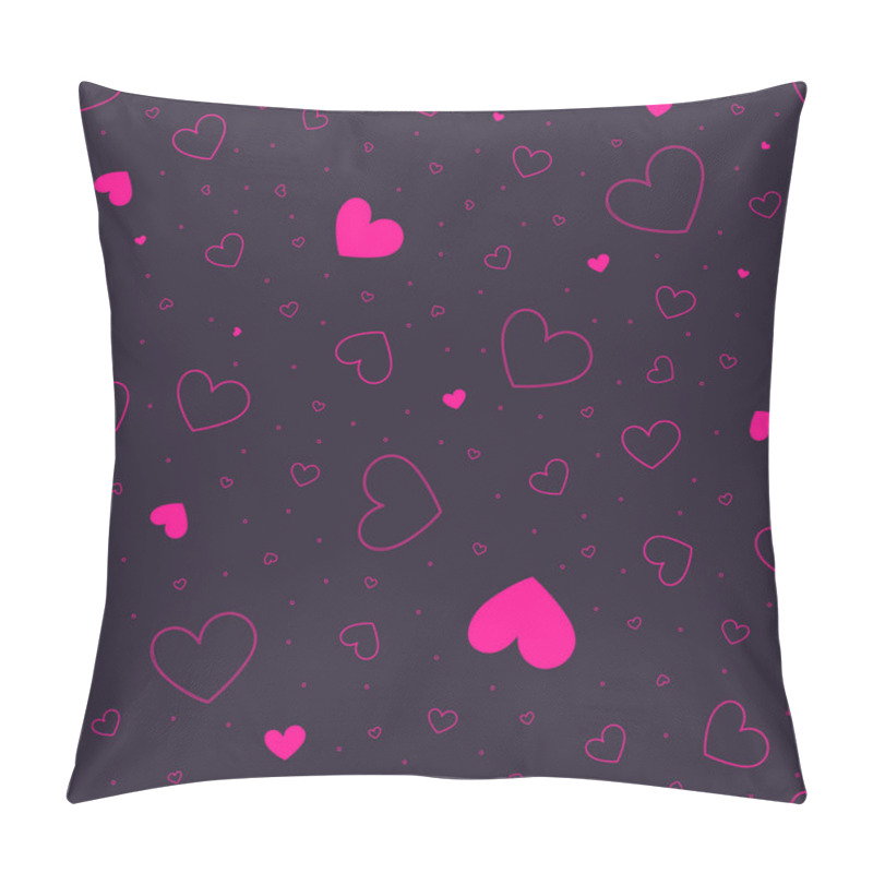 Personality  Vector Seamless Pattern Of Scattered Neon Pink Hearts On A Dark Moody Background. Illustration Of Hand-drawn Shapes Of Various Sizes. Pillow Covers