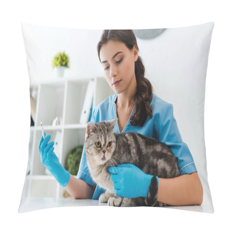 Personality  Attentive Veterinarian Holding Syringe Near Tabby Scottich Straight Cat Pillow Covers