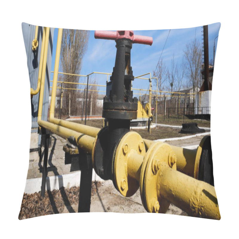 Personality  Yellow Gas Pipe With Valve. Gas Production And Transportation To Consumers. High-pressure Gas Pipe. Pillow Covers