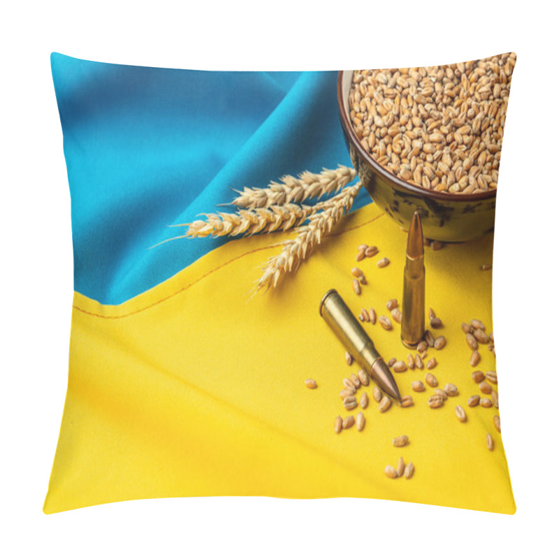 Personality  Bullets And Grain On Yellow Blue Ukrainian State Flag Background. Concept Of Food Supply Crisis And Global Food Scarcity. Place For Text, Top View Pillow Covers