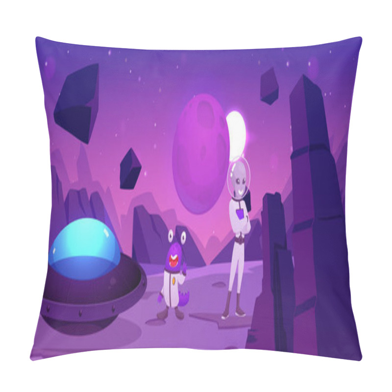 Personality  Vector Illustration Of A Planet With A Spaceship And Aliens Standing On A Rocky Surface. Fanatical Landscape With Rocks And Mountains Under A Purple Sky. Pillow Covers