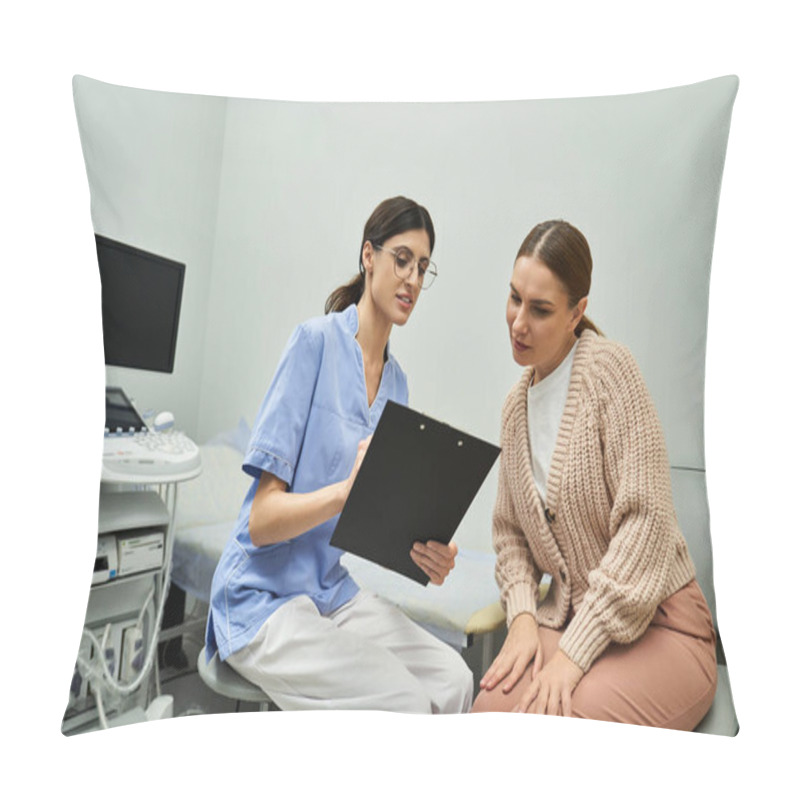 Personality  A Gynecologist Discusses Important Health Details With A Female Patient In A Contemporary Clinic. Pillow Covers