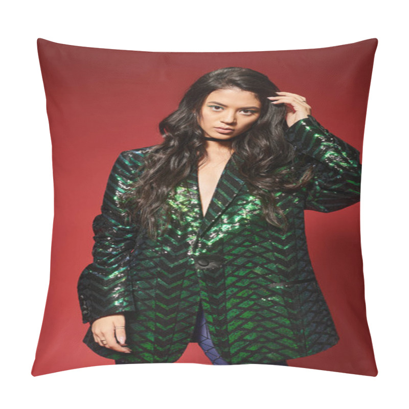 Personality  Beautiful Asian Woman In Trendy Green Jacket With Sequins Adjusting Wavy Hair On Red Background Pillow Covers