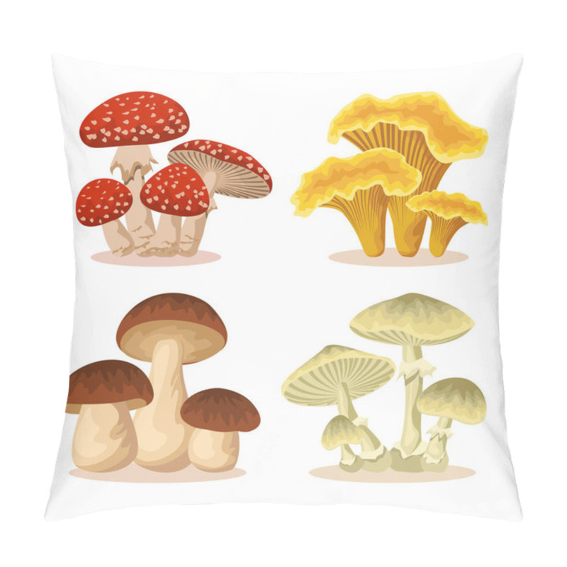 Personality  Fresh Eatable Yellow Chanterelles Or Girolle, Brown Penny Bun Or Porcino. Poisonous Fly Agaric And Amanita Phalloides Or Toadstools Isolated On White Background. Fungal Vector Illustration Set. Pillow Covers