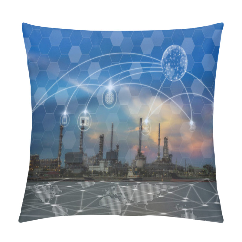 Personality  Communication Network With Multichannel Omni Channel Of Oil And Gas Refinery At Twilight - Petrochemical Factory, Technology Smart City With Internet Of Things Concept Pillow Covers