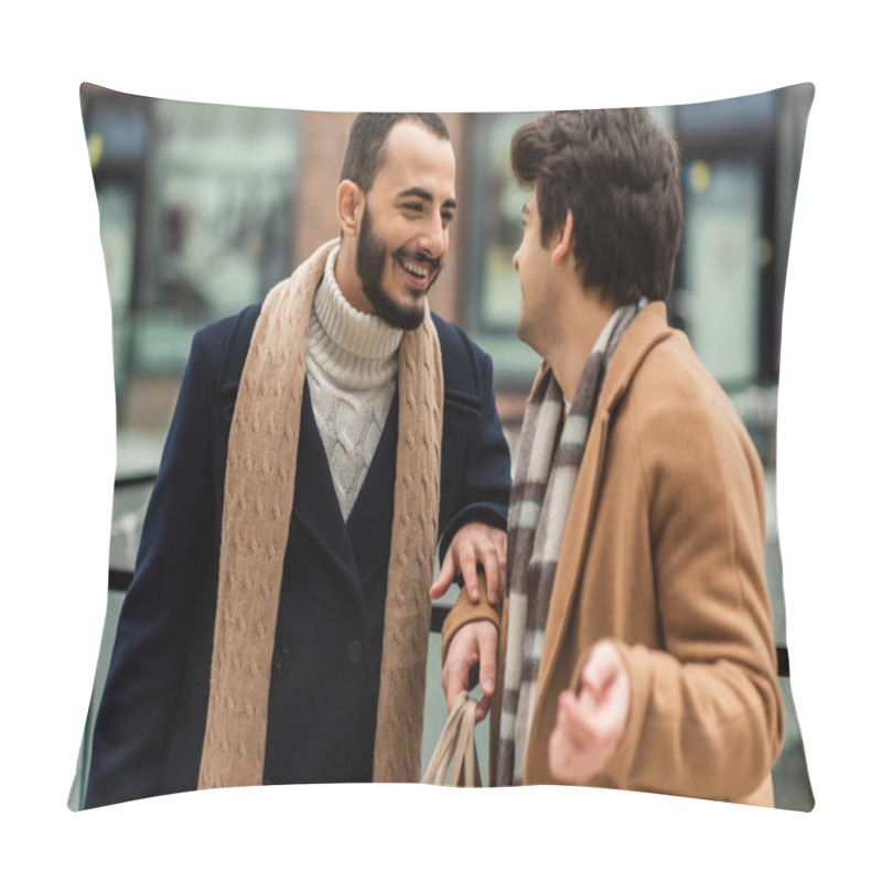 Personality  Bearded And Cheerful Gay Man In Black Coat And Scarf Talking To Young Boyfriend Outdoors Pillow Covers