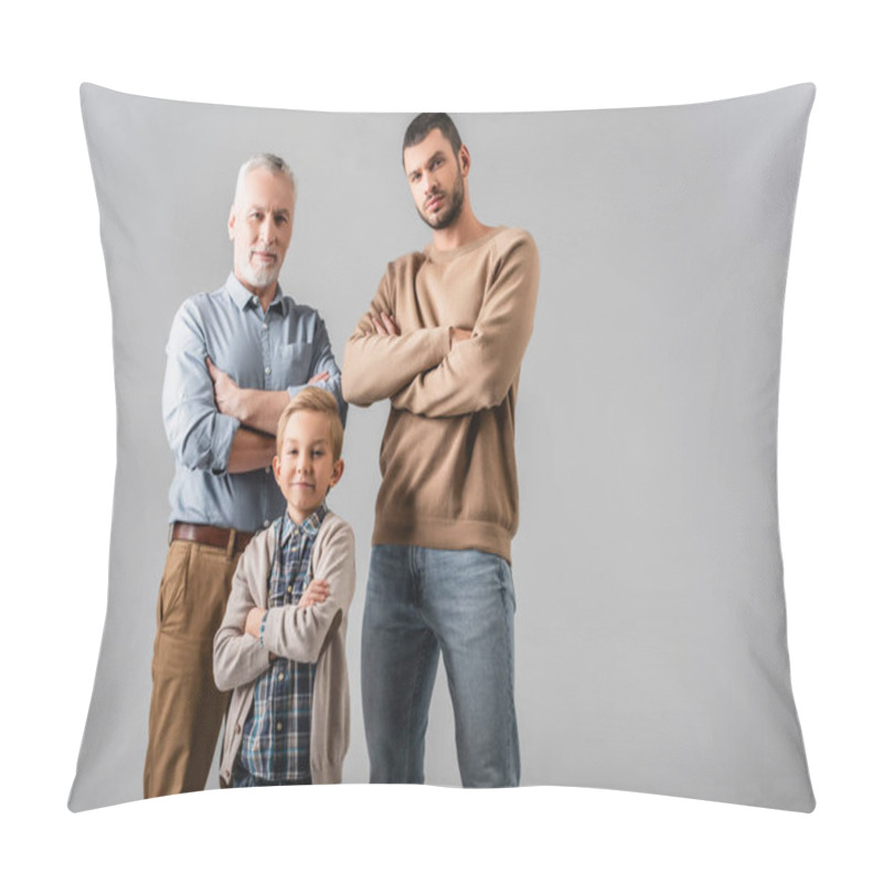 Personality  Happy Men And Boy Standing With Crossed Arms While Looking At Camera Isolated On Grey Pillow Covers