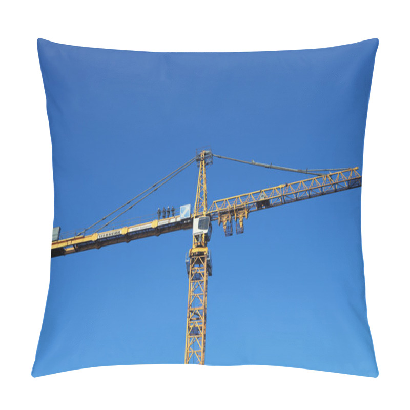 Personality  Team Of Installers Stands On Counterweight Jib Yellow Tower Crane. Pillow Covers