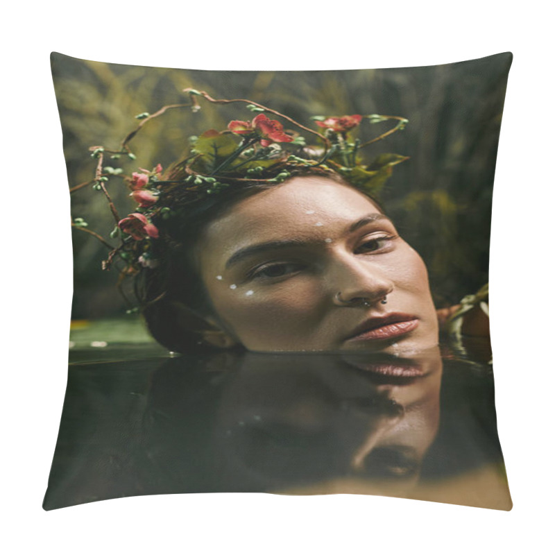 Personality  A Woman In A Floral Crown Poses Partially Submerged In A Swamp. Pillow Covers